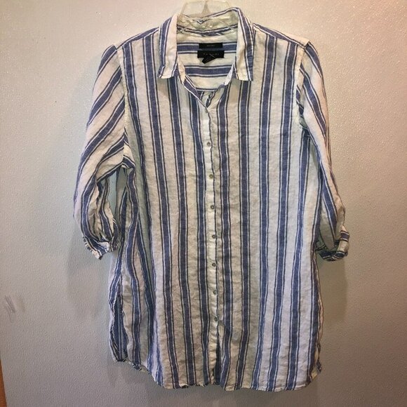 Tahari 1X White Blue Stripe 3/4 Sleeve Linen Button Up Tunic Blouse Top Shirt - Picture 4 of 9